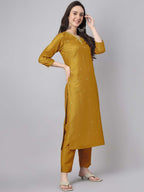 Janasya Regular Chinnon Mustard Ethnic Motifs V-Neck Kurta,Bottom & Dupatta | Grocsy