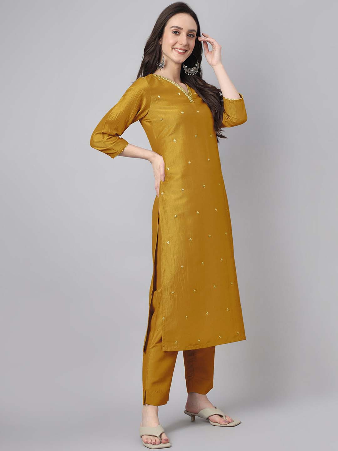 Janasya Regular Chinnon Mustard Ethnic Motifs V-Neck Kurta,Bottom & Dupatta | Grocsy