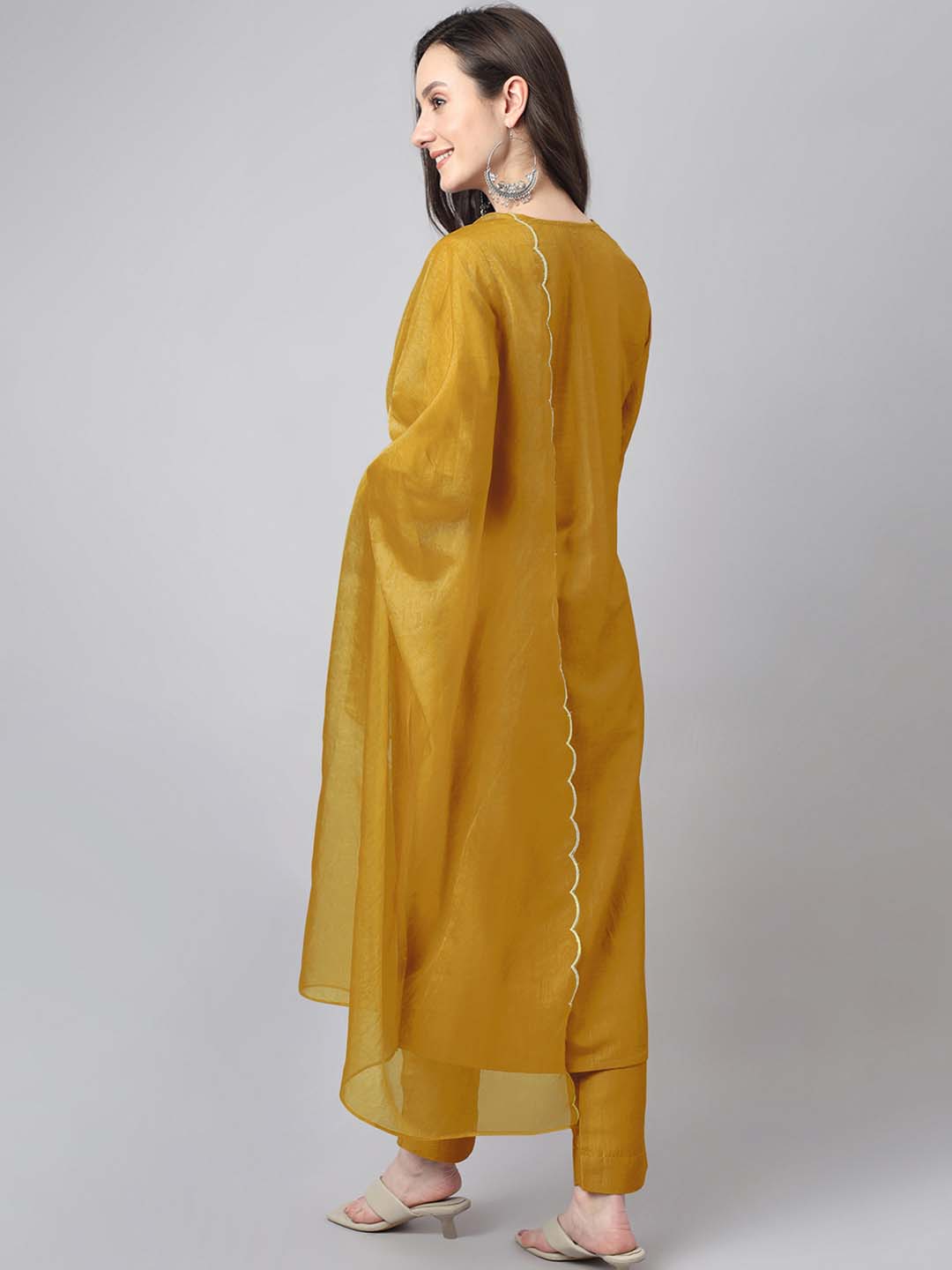 Janasya Regular Chinnon Mustard Ethnic Motifs V-Neck Kurta,Bottom & Dupatta | Grocsy