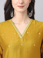 Janasya Regular Chinnon Mustard Ethnic Motifs V-Neck Kurta,Bottom & Dupatta | Grocsy