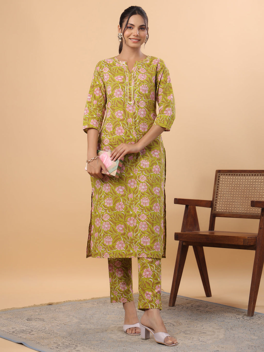 Janasya Regular Cambric Lime Green Floral Round Neck Kurta & Bottom | Grocsy