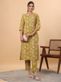 Janasya Regular Cambric Lime Green Floral Round Neck Kurta & Bottom | Grocsy