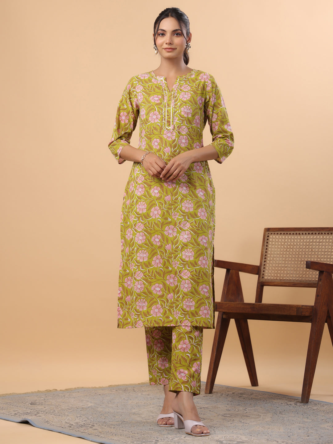 Janasya Regular Cambric Lime Green Floral Round Neck Kurta & Bottom | Grocsy