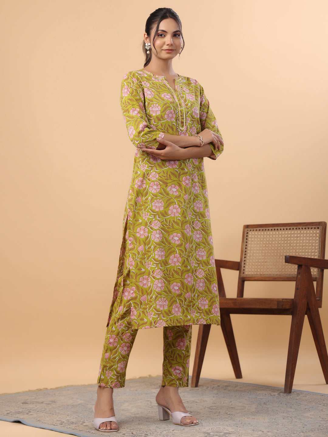 Janasya Regular Cambric Lime Green Floral Round Neck Kurta & Bottom | Grocsy