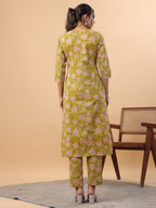 Janasya Regular Cambric Lime Green Floral Round Neck Kurta & Bottom | Grocsy