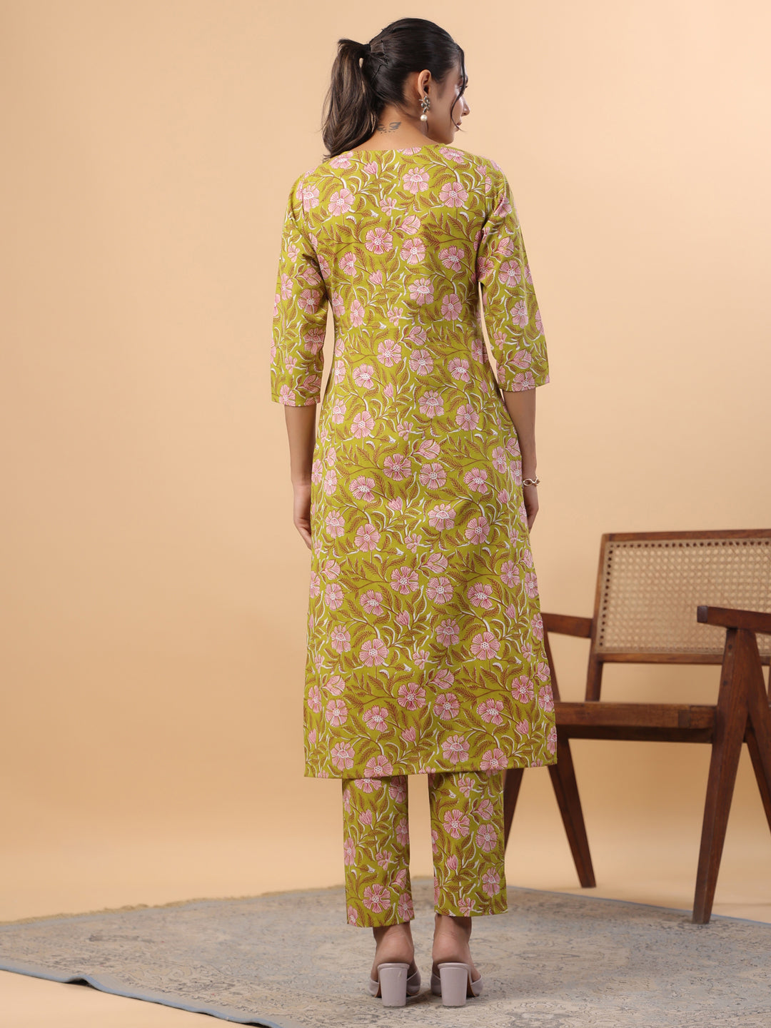 Janasya Regular Cambric Lime Green Floral Round Neck Kurta & Bottom | Grocsy