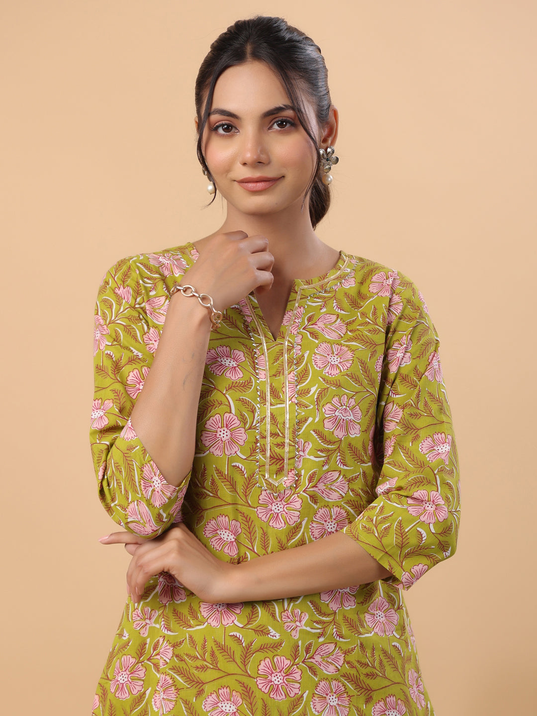 Janasya Regular Cambric Lime Green Floral Round Neck Kurta & Bottom | Grocsy