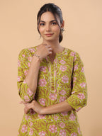 Janasya Lime Green Cambric Floral Kurta & Bottom | Grocsy