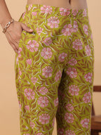 Janasya Regular Cambric Lime Green Floral Round Neck Kurta & Bottom | Grocsy