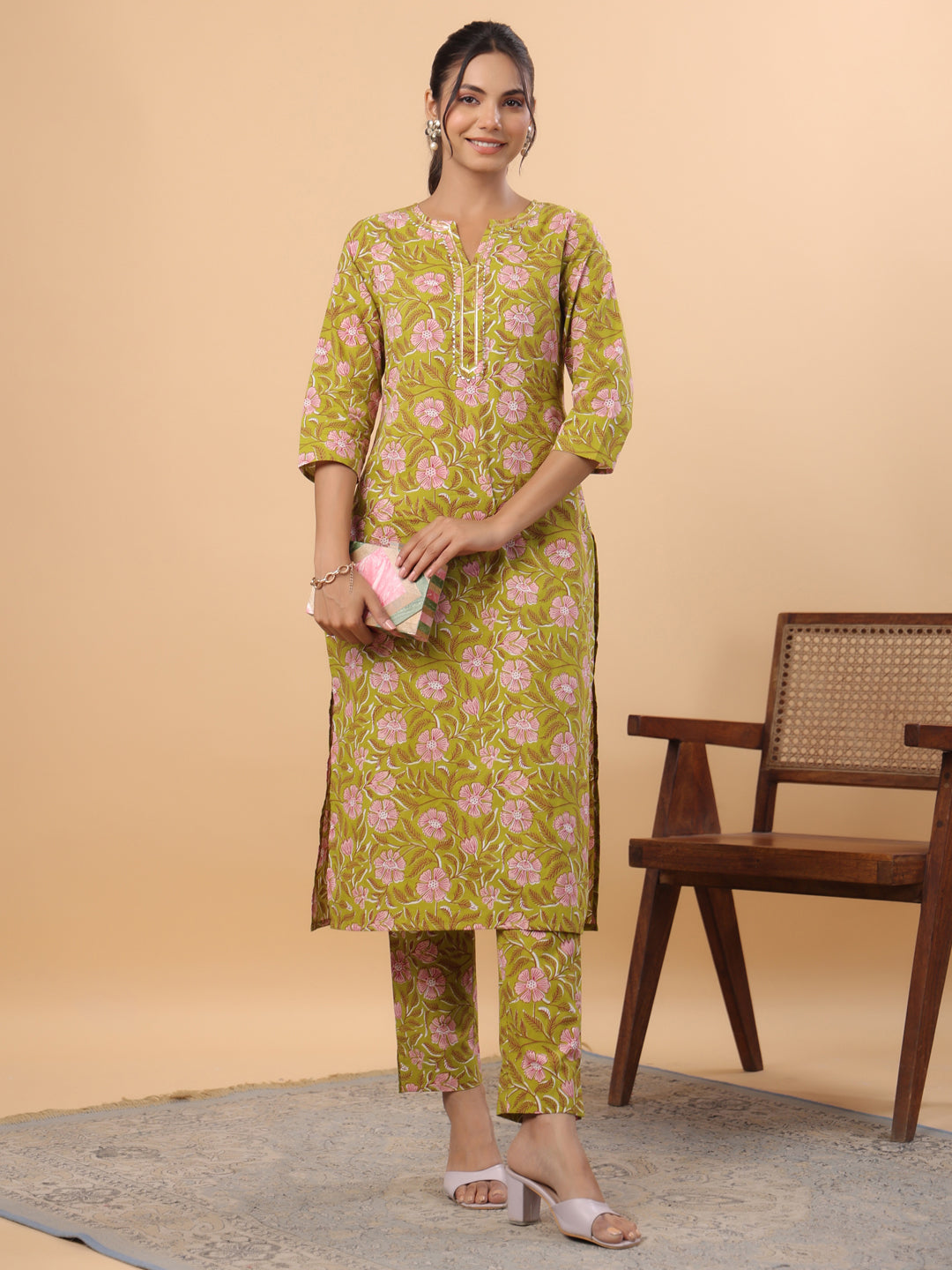 Janasya Lime Green Cambric Floral Kurta & Bottom | Grocsy