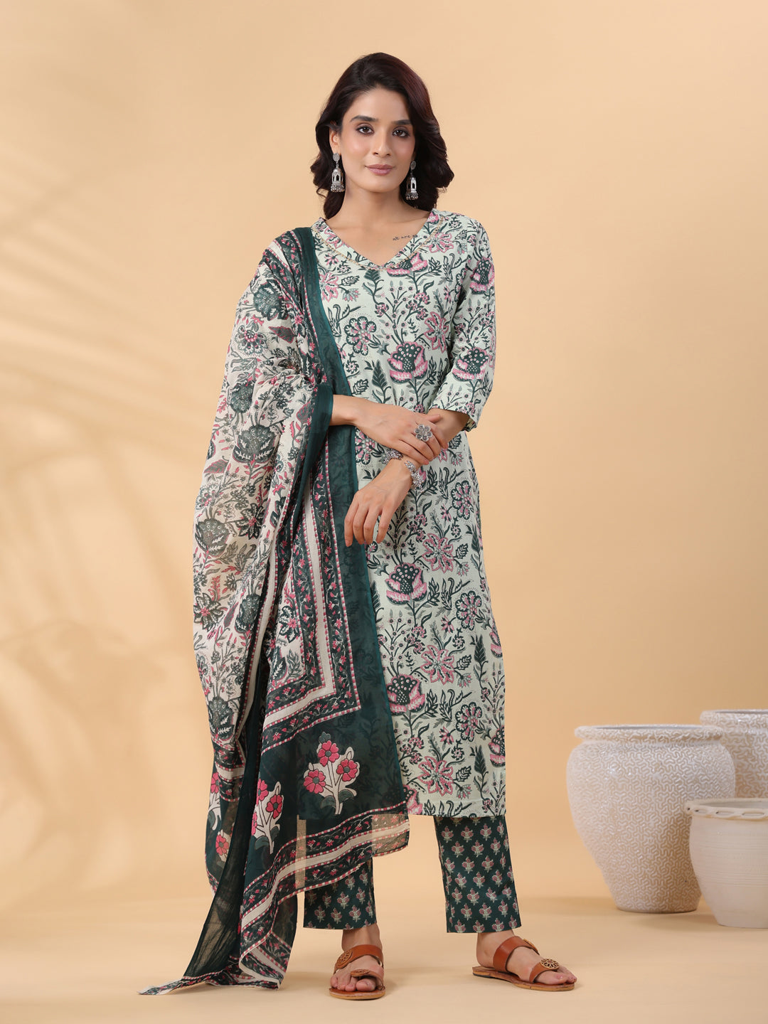 Janasya Regular Cambric Mint Floral V-Neck Kurta,Bottom & Dupatta | Grocsy