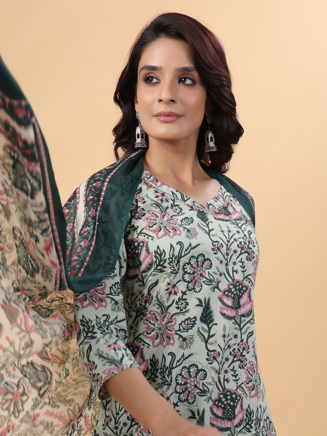 Janasya Regular Cambric Mint Floral V-Neck Kurta,Bottom & Dupatta | Grocsy
