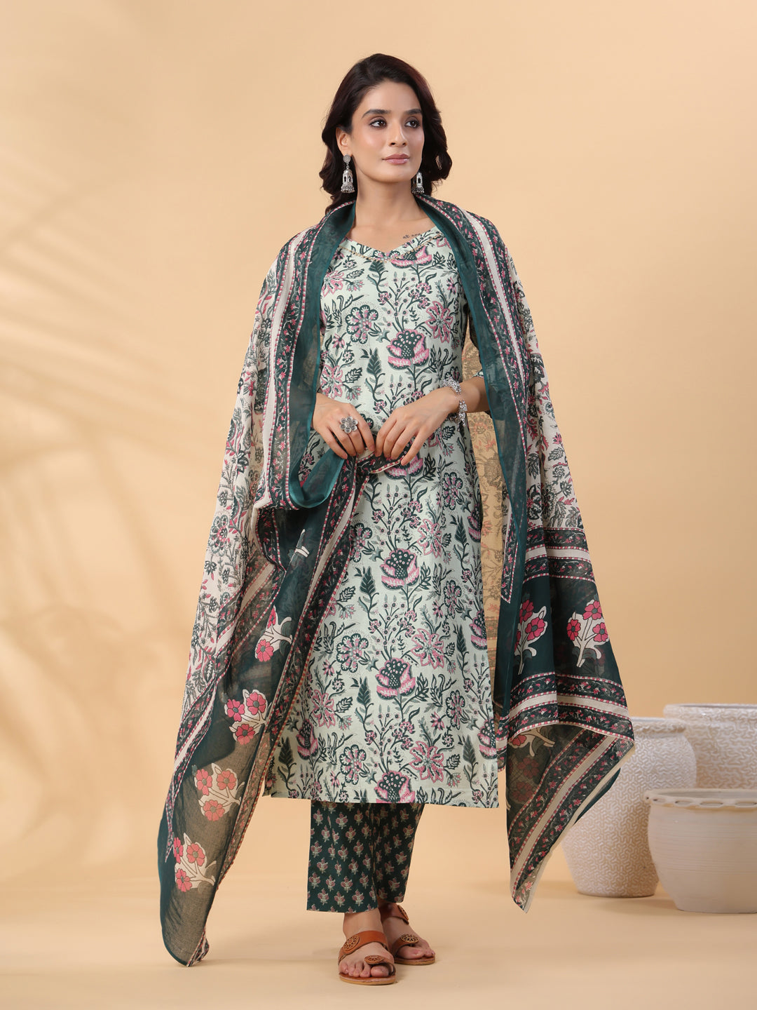 Janasya Regular Cambric Mint Floral V-Neck Kurta,Bottom & Dupatta | Grocsy