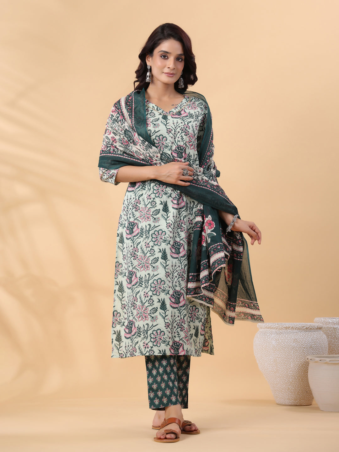 Janasya Regular Cambric Mint Floral V-Neck Kurta,Bottom & Dupatta | Grocsy