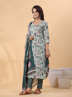 Janasya Regular Cambric Mint Floral V-Neck Kurta,Bottom & Dupatta | Grocsy