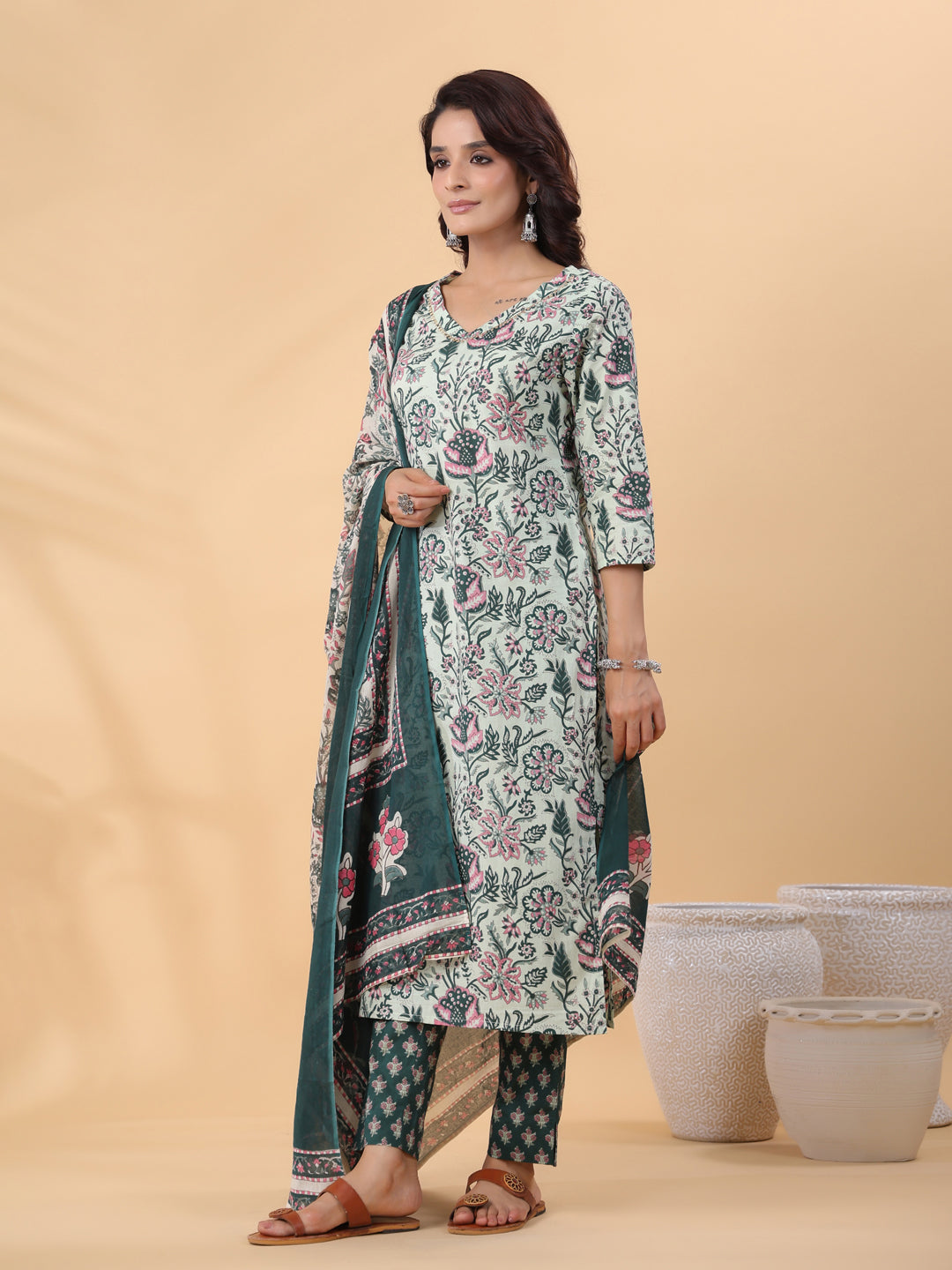 Janasya Regular Cambric Mint Floral V-Neck Kurta,Bottom & Dupatta | Grocsy
