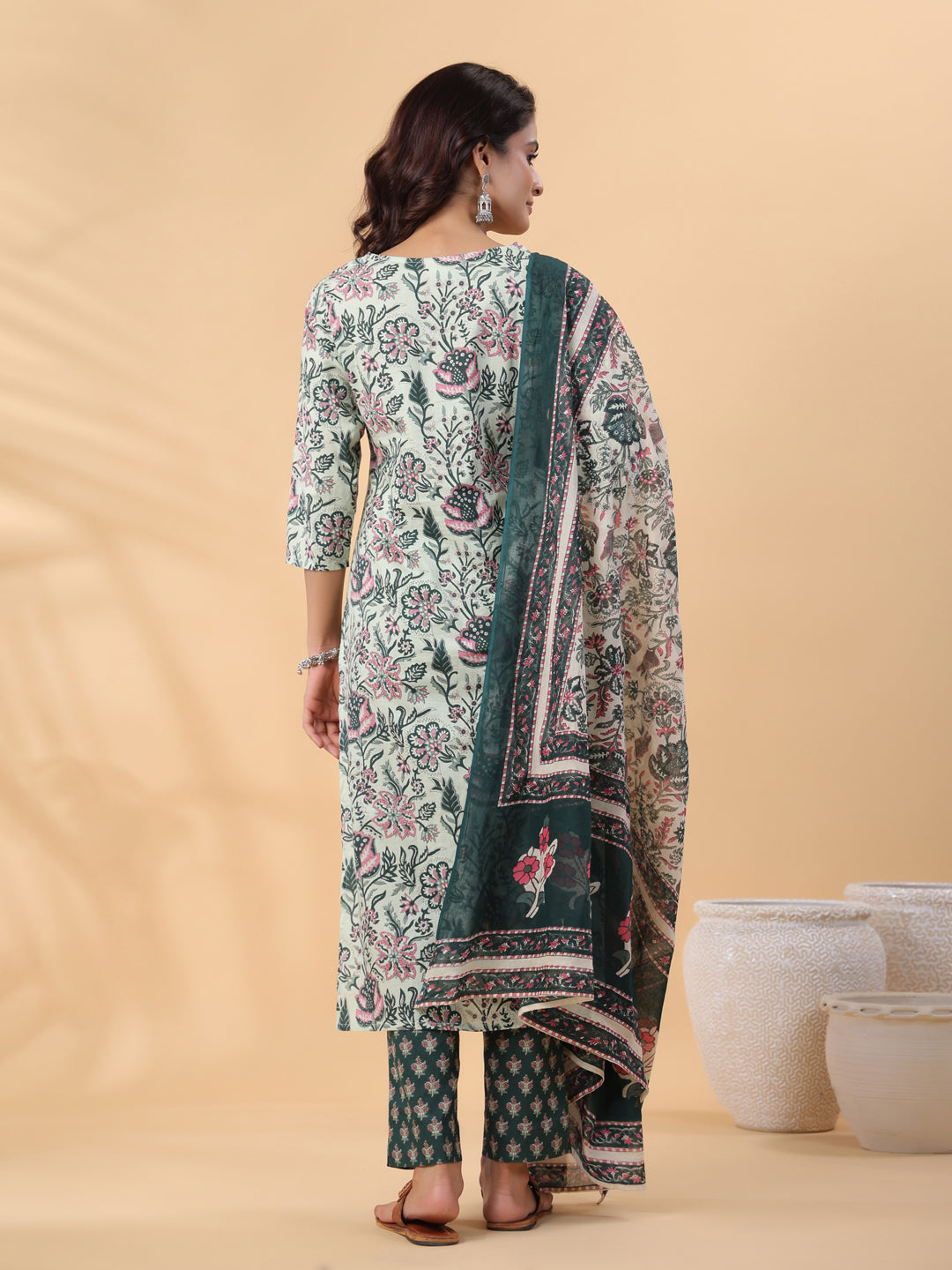 Janasya Regular Cambric Mint Floral V-Neck Kurta,Bottom & Dupatta | Grocsy