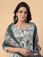 Janasya Regular Cambric Mint Floral V-Neck Kurta,Bottom & Dupatta | Grocsy