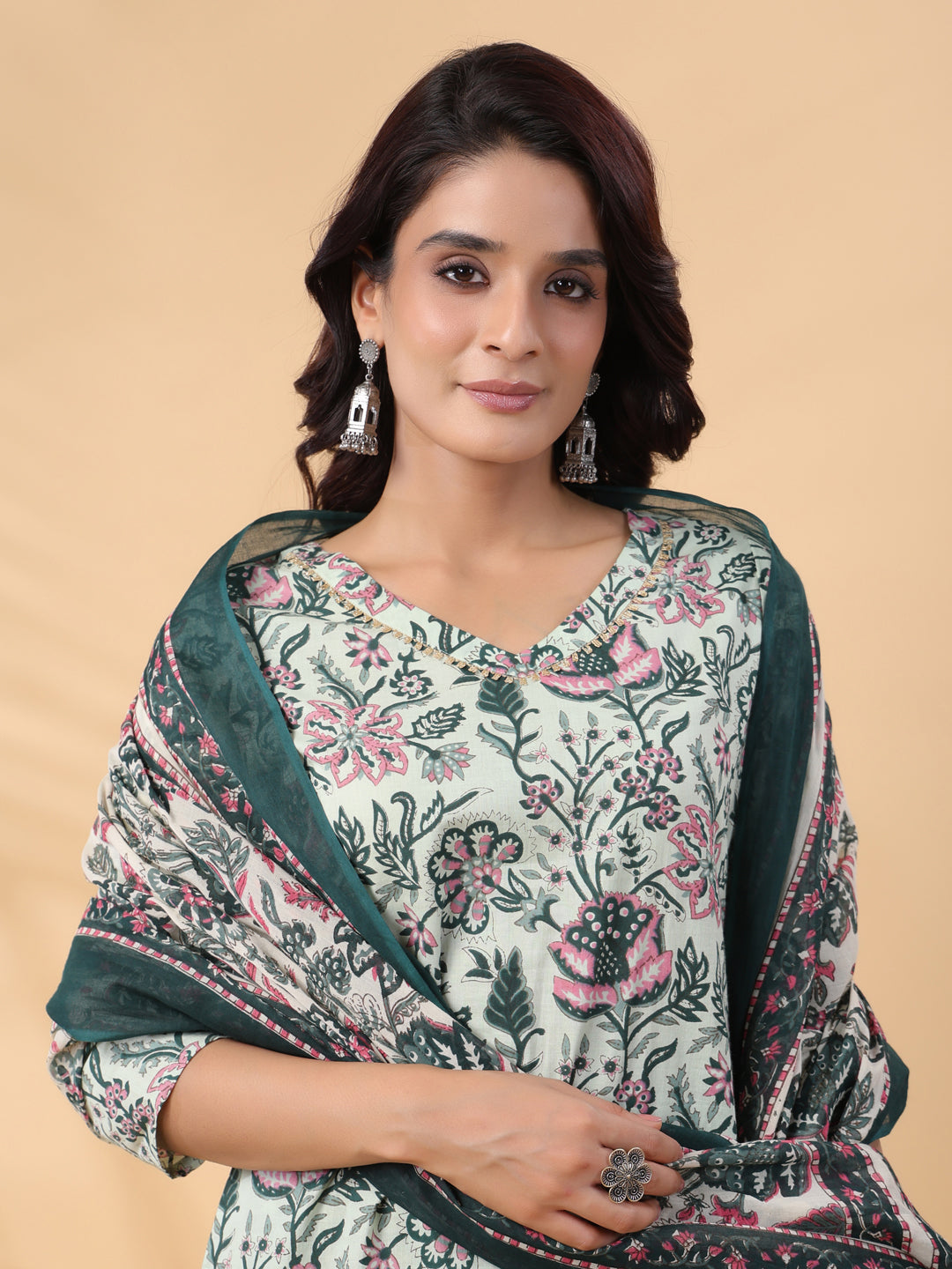 Janasya Regular Cambric Mint Floral V-Neck Kurta,Bottom & Dupatta | Grocsy