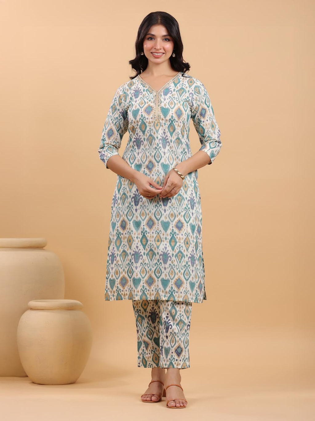Janasya Light Cotton Ikkat Straight Kurta Set | Grocsy
