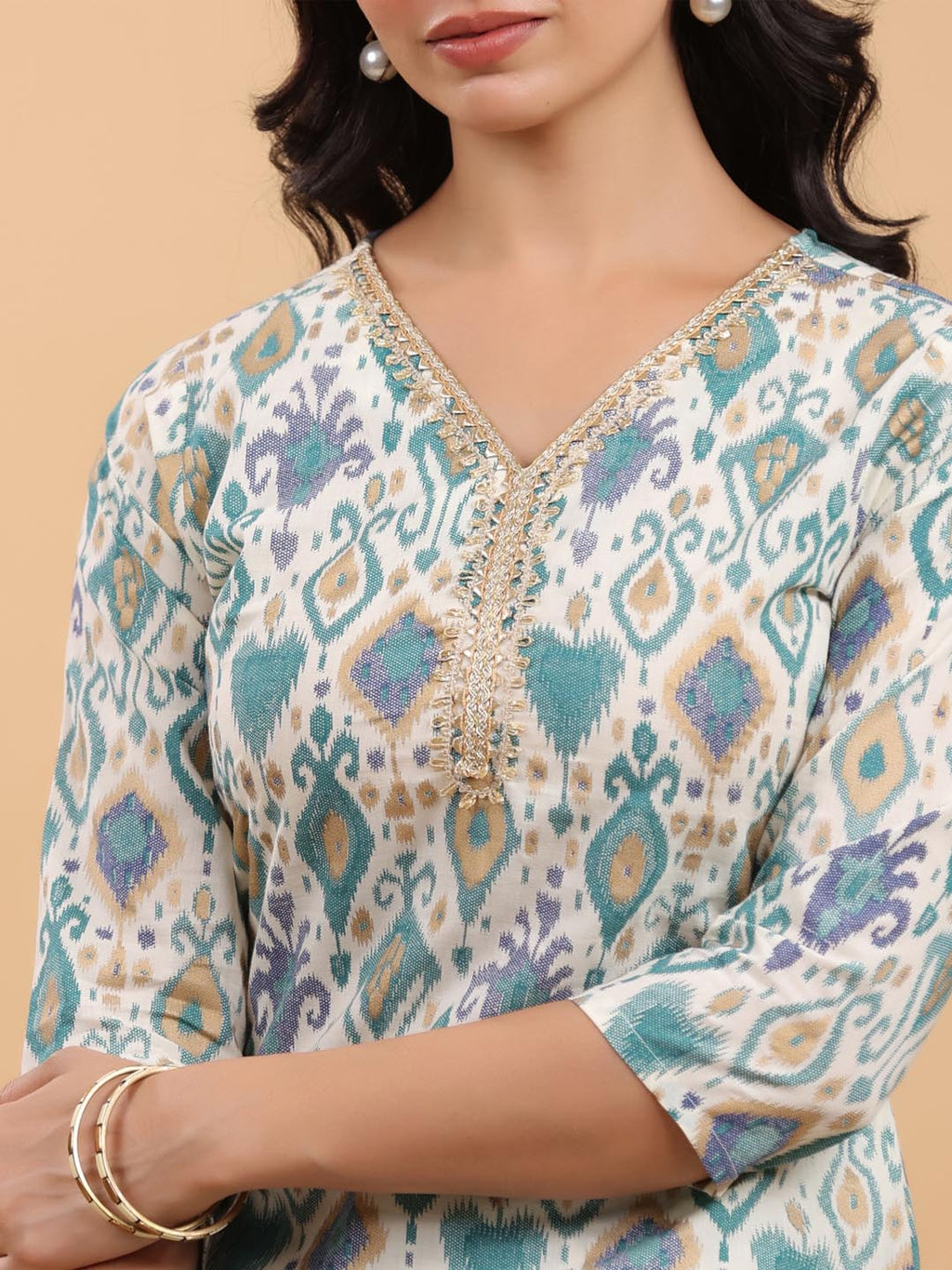 Janasya Light Cotton Ikkat Straight Kurta Set | Grocsy