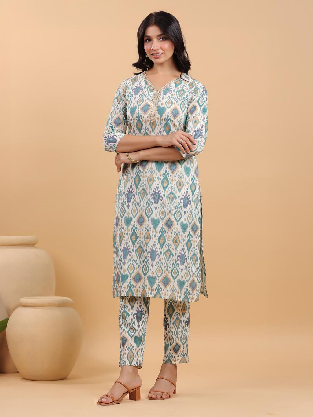 Janasya Light Cotton Ikkat Straight Kurta Set | Grocsy