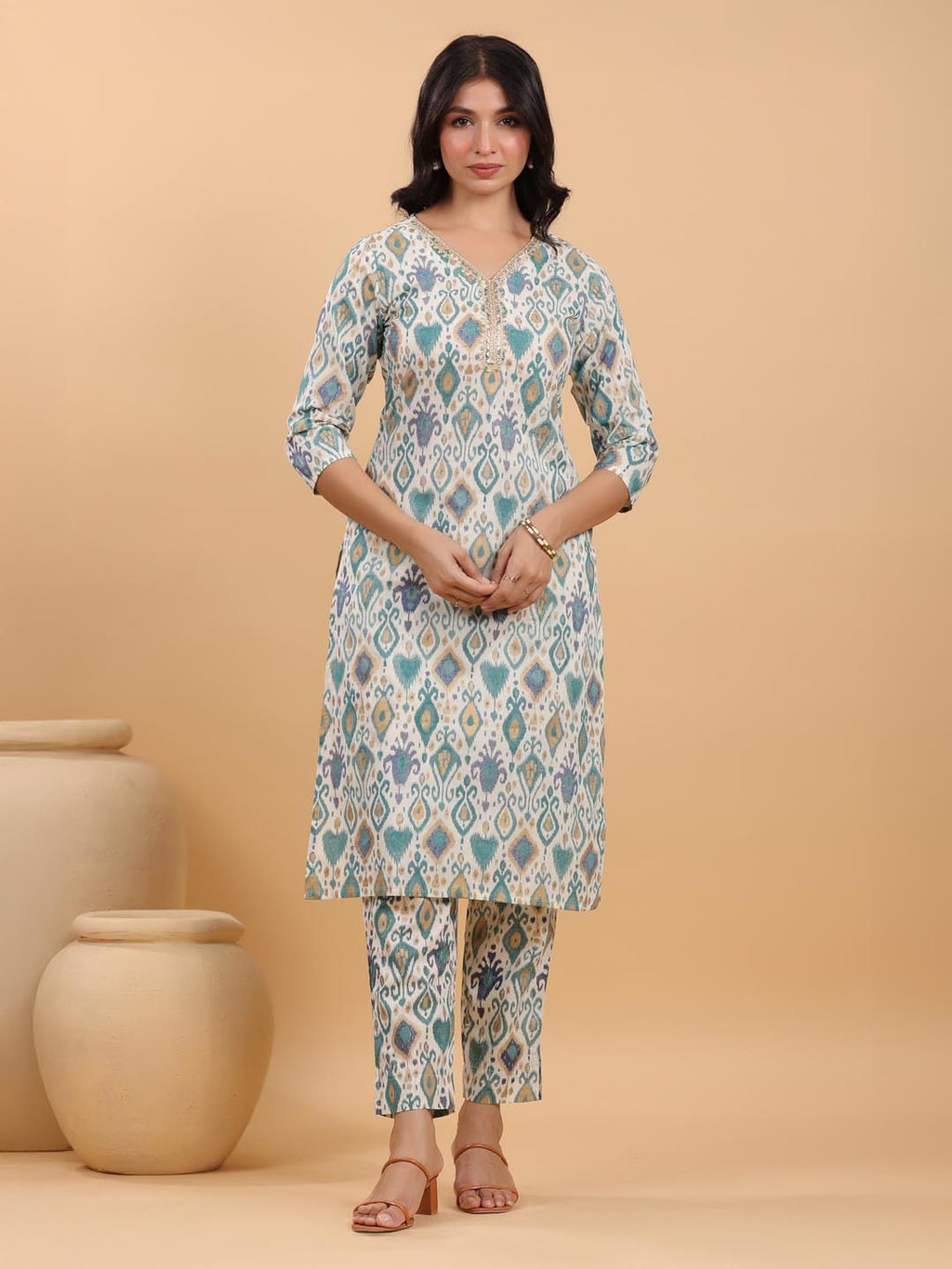 Janasya Light Cotton Ikkat Straight Kurta Set | Grocsy