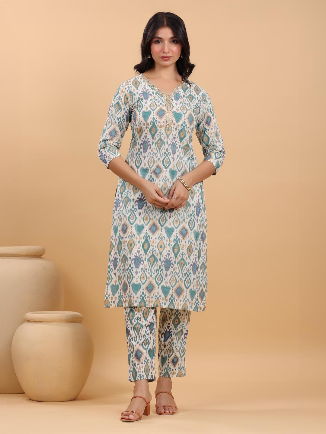 Janasya Light Cotton Ikkat Straight Kurta Set | Grocsy
