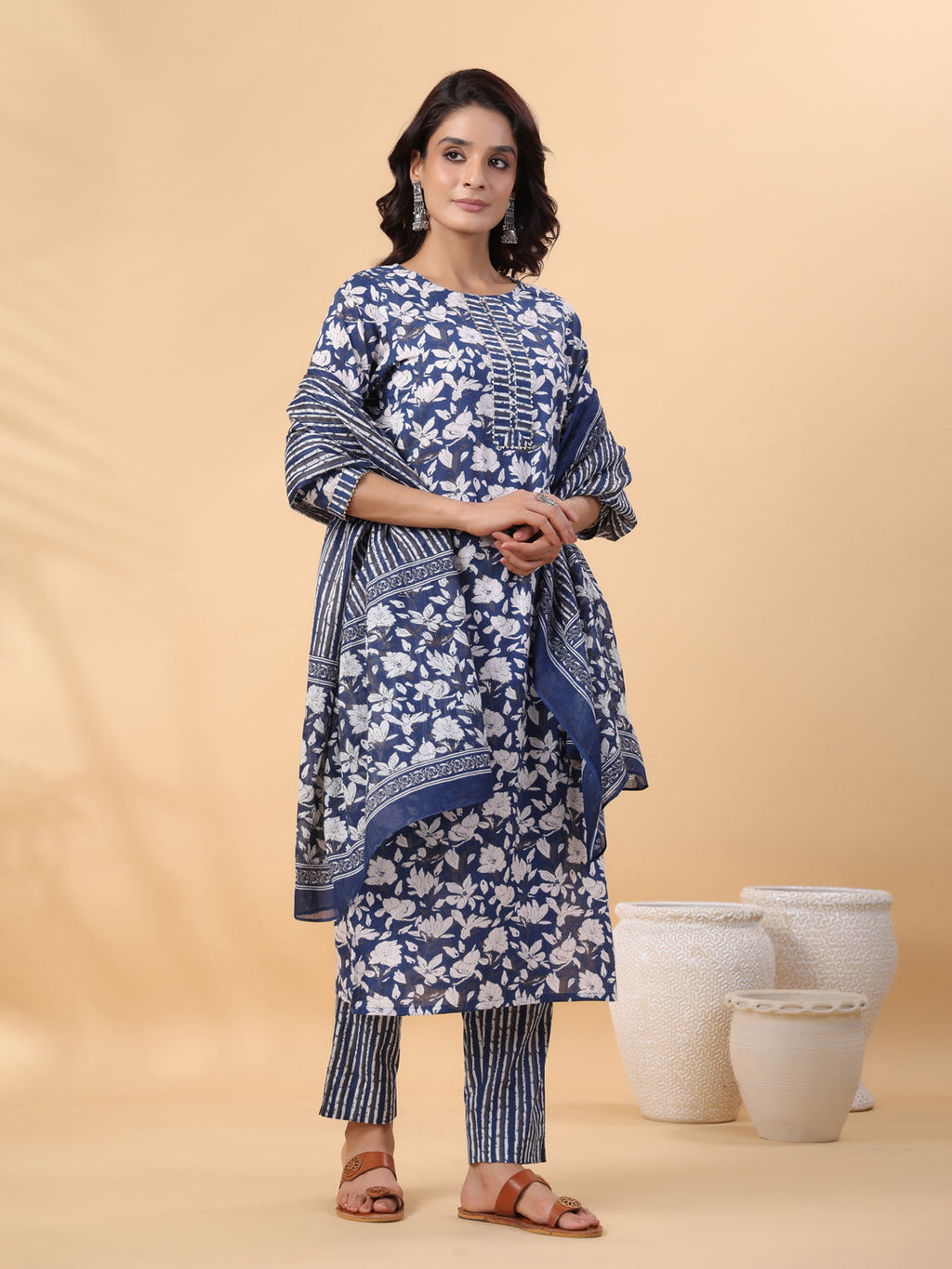 Janasya Blue Cambric Floral Set | Grocsy
