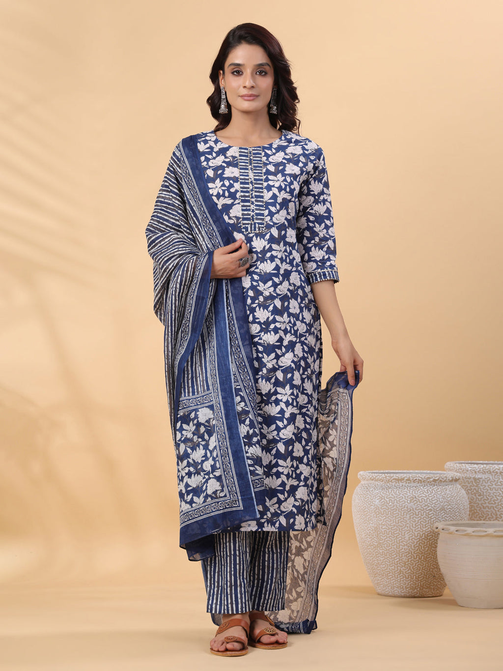 Janasya Blue Cambric Floral Set | Grocsy