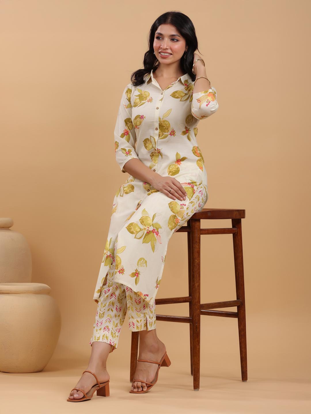 Janasya Light Cotton Floral Button Down Shirt Kurta Set | Grocsy
