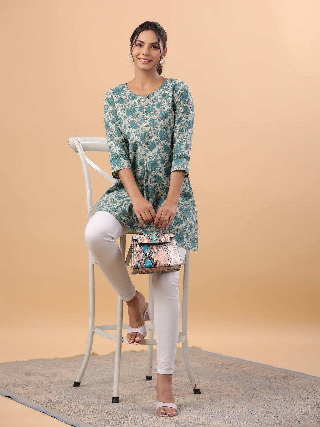 Janasya A-Line Cambric Sage Floral Round Neck Tunic | Grocsy