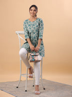 Janasya A-Line Cambric Sage Floral Round Neck Tunic | Grocsy