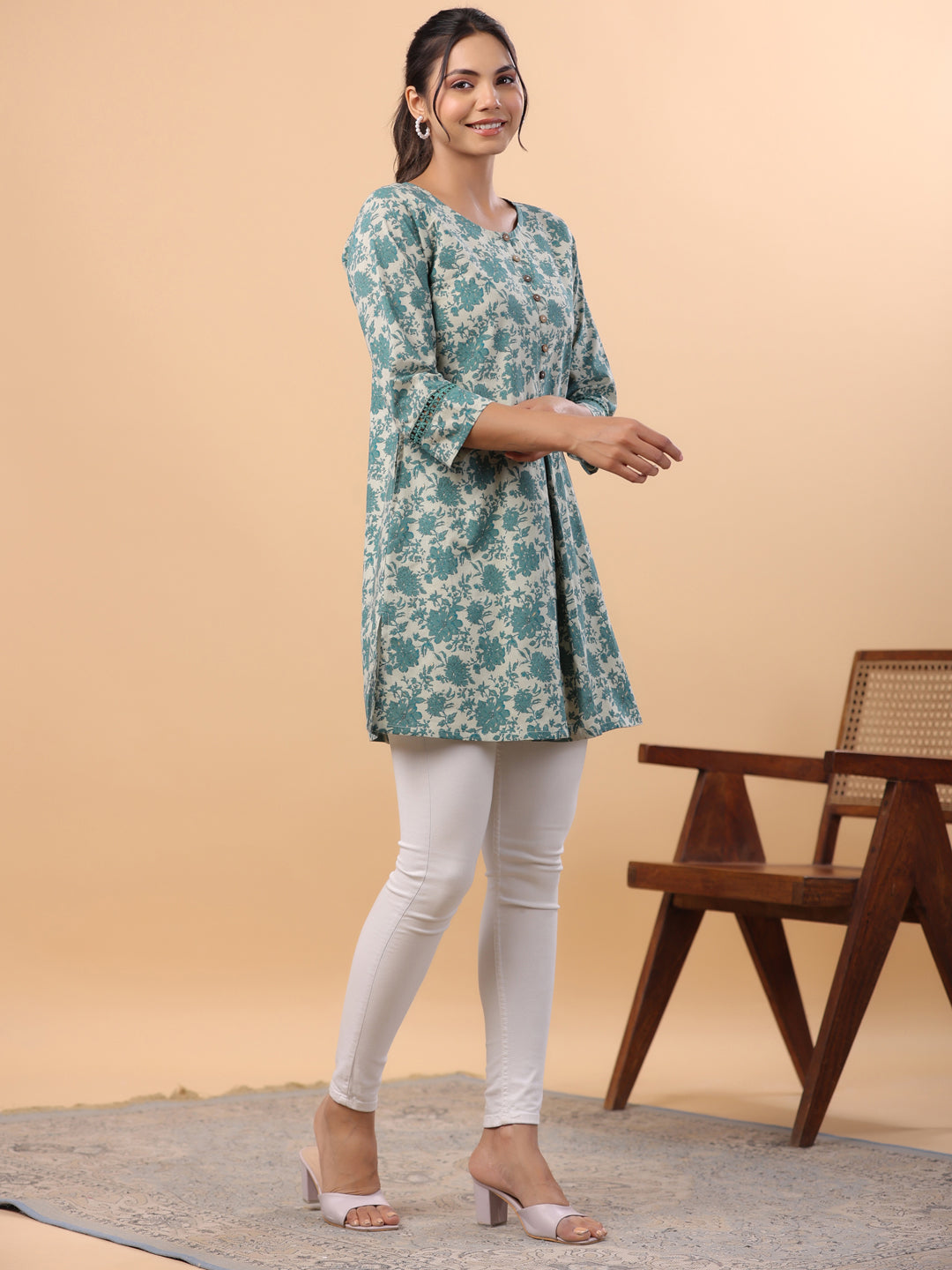 Janasya A-Line Cambric Sage Floral Round Neck Tunic | Grocsy