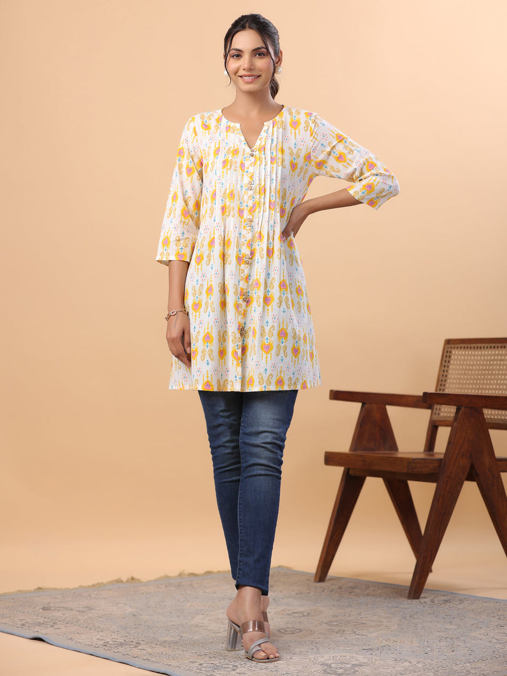 Janasya Pleated Cambric White Ikkat Notch Neck Tunic | Grocsy