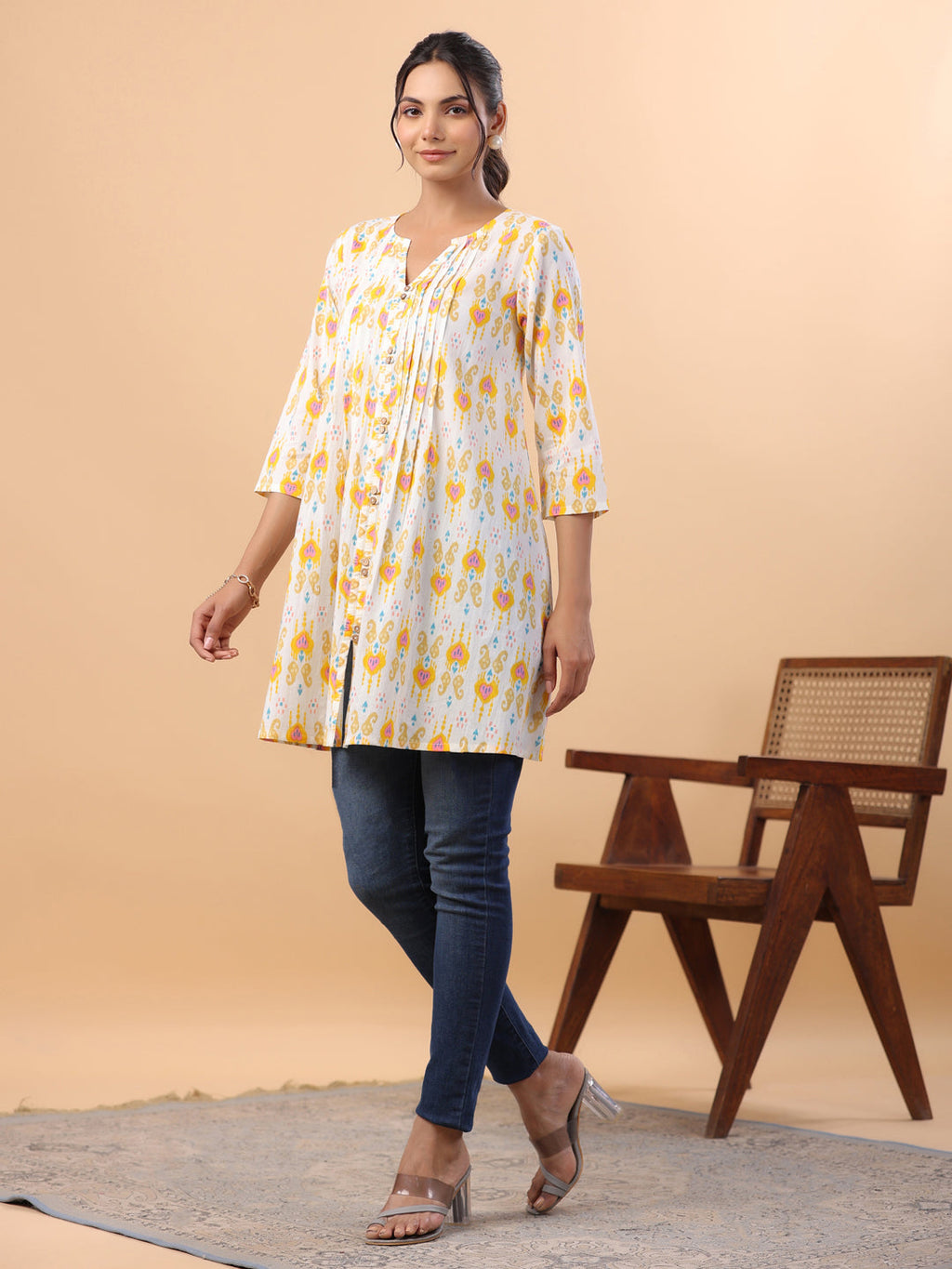 Janasya Pleated Cambric White Ikkat Notch Neck Tunic | Grocsy