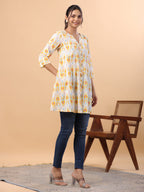 Janasya Pleated Cambric White Ikkat Notch Neck Tunic | Grocsy