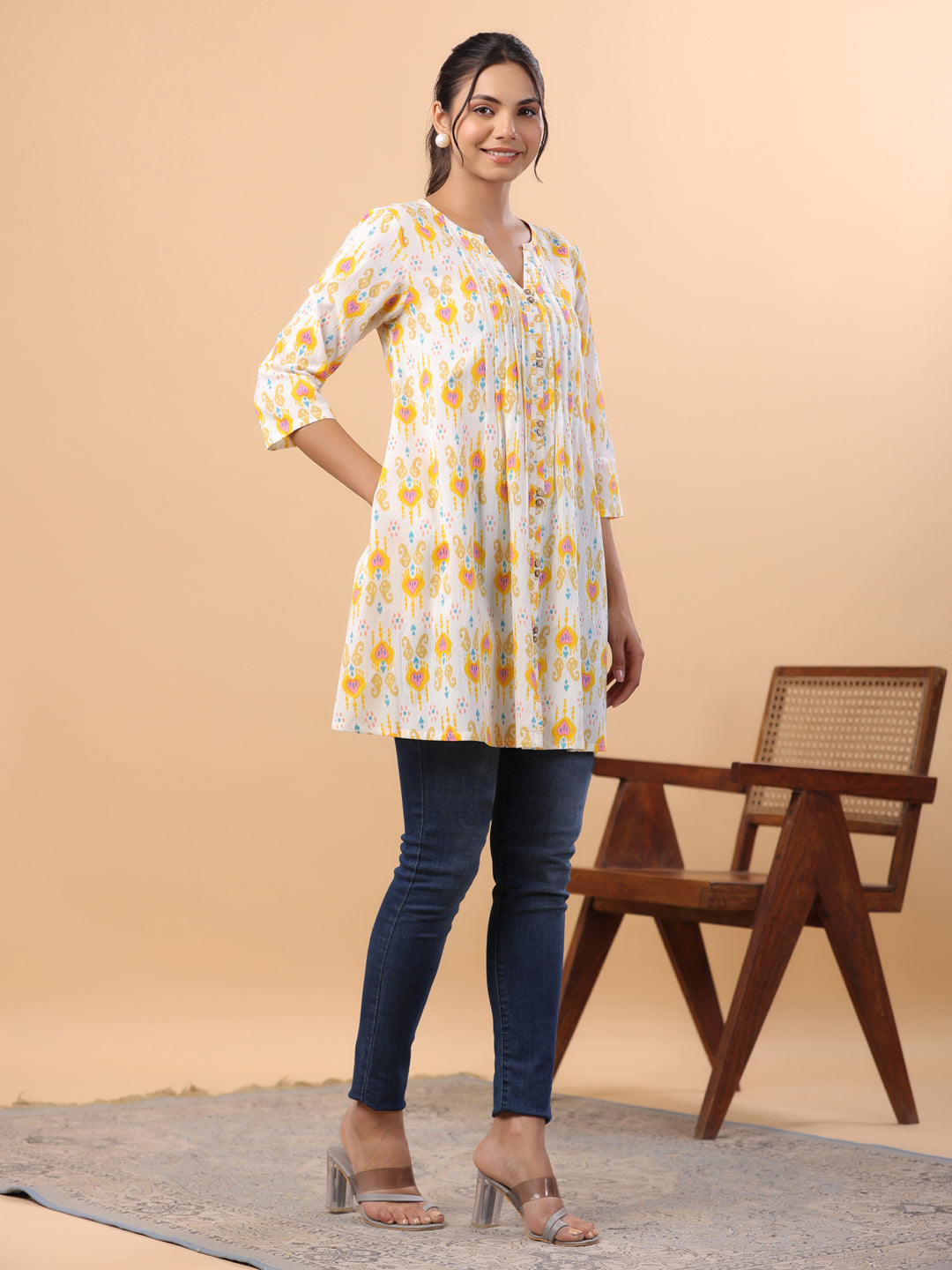 Janasya Pleated Cambric White Ikkat Notch Neck Tunic | Grocsy