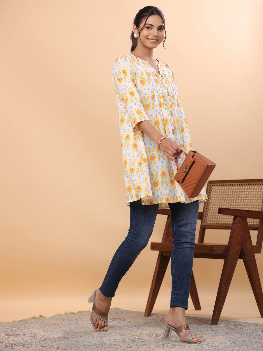 Janasya Pleated Cambric White Ikkat Notch Neck Tunic | Grocsy