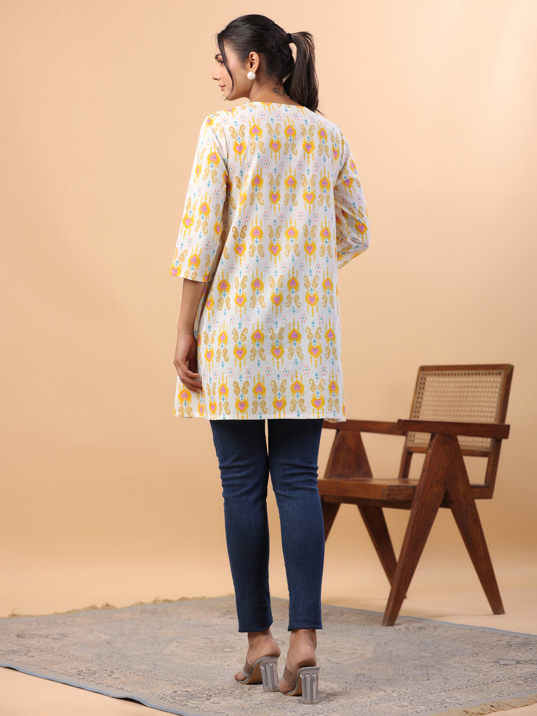 Janasya Pleated Cambric White Ikkat Notch Neck Tunic | Grocsy