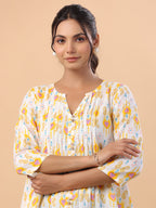 Janasya Pleated Cambric White Ikkat Notch Neck Tunic | Grocsy