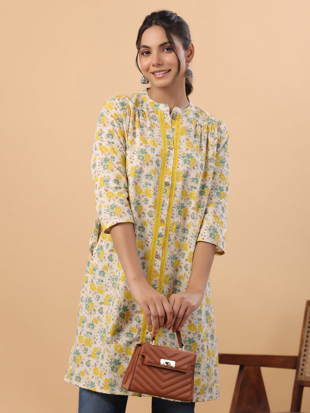 Janasya A-Line Cambric Beige Floral Band Collar Tunic | Grocsy