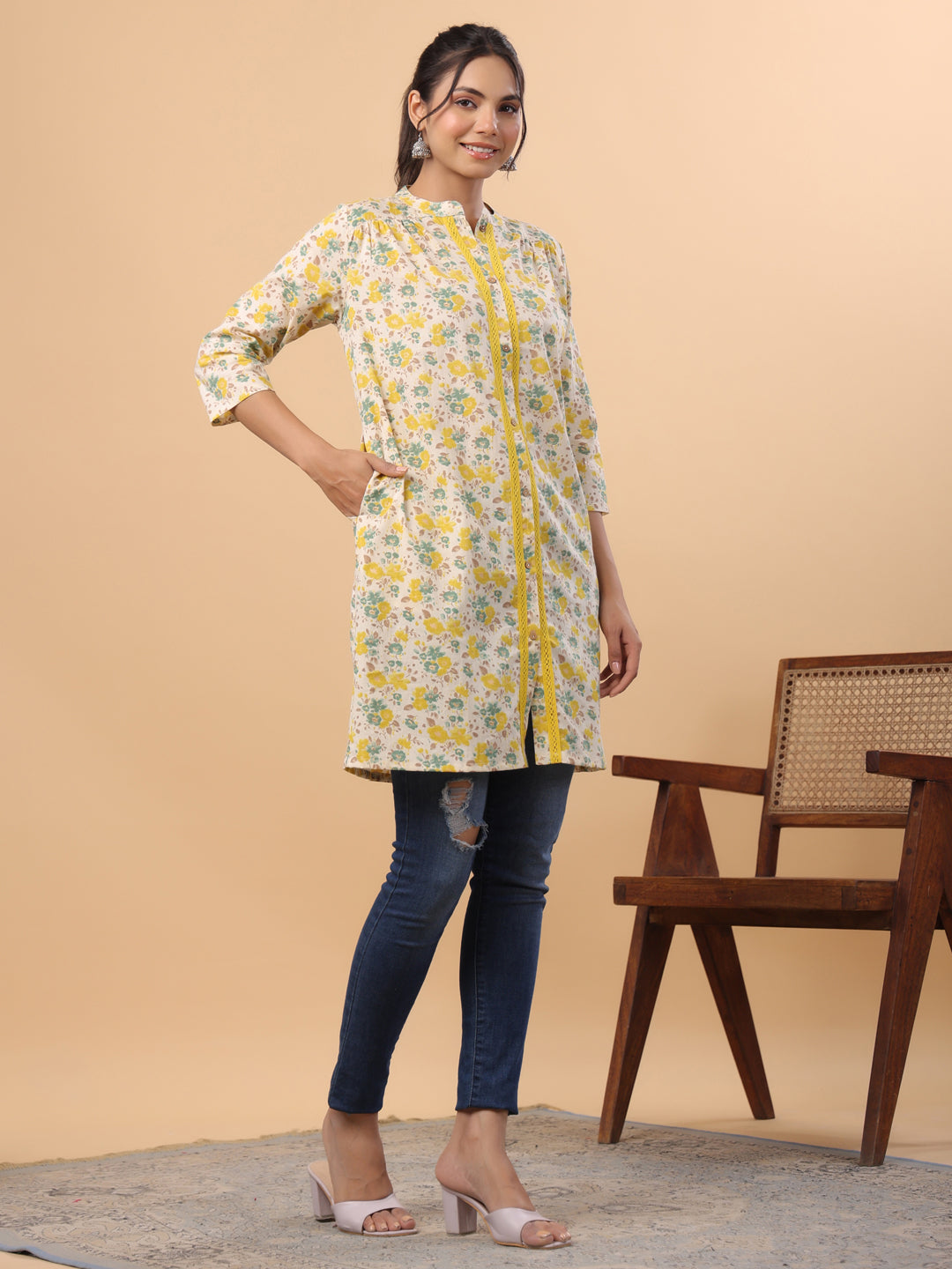 Janasya Beige Cambric Floral Tunic | Grocsy