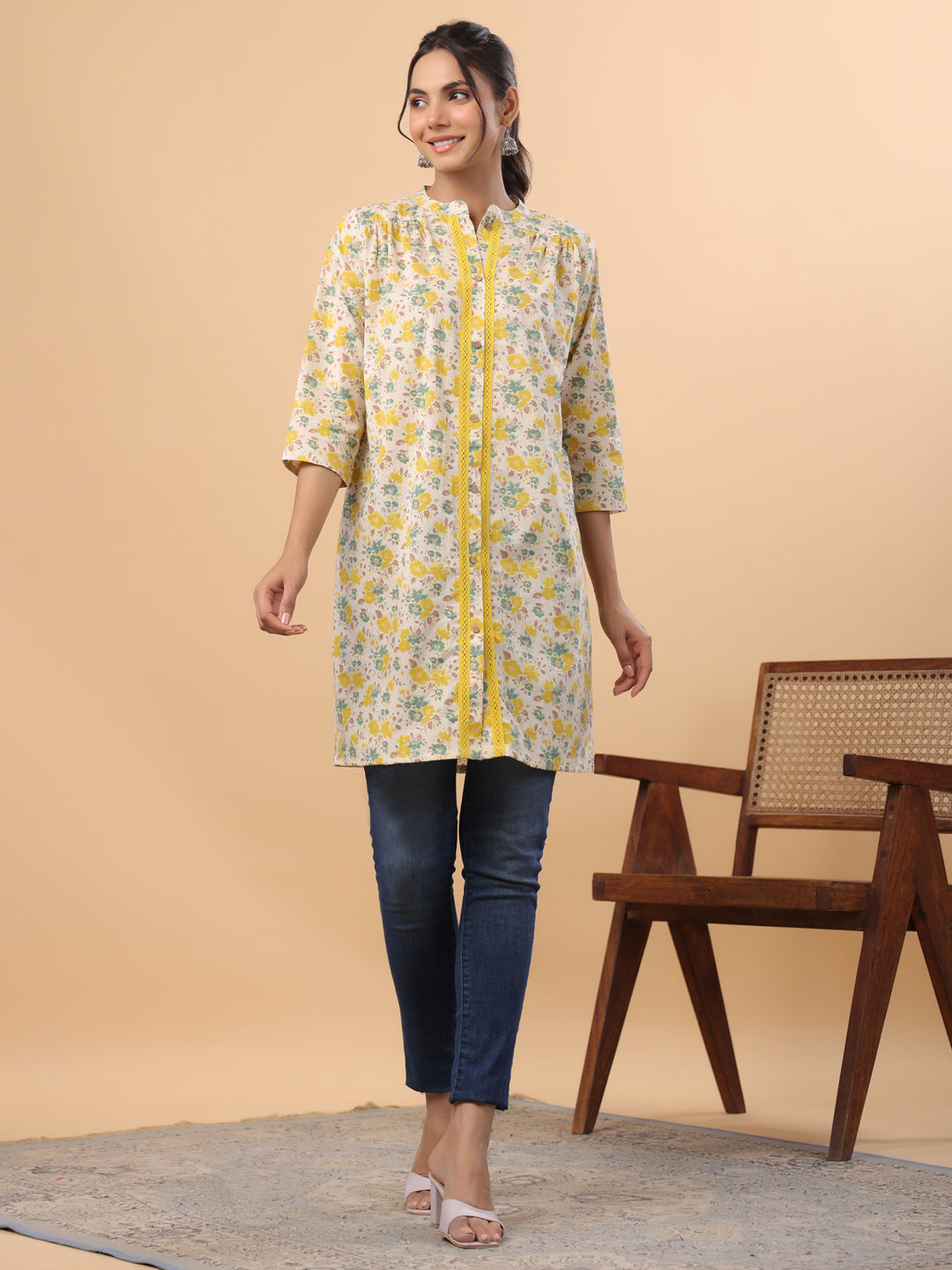 Janasya Beige Cambric Floral Tunic | Grocsy