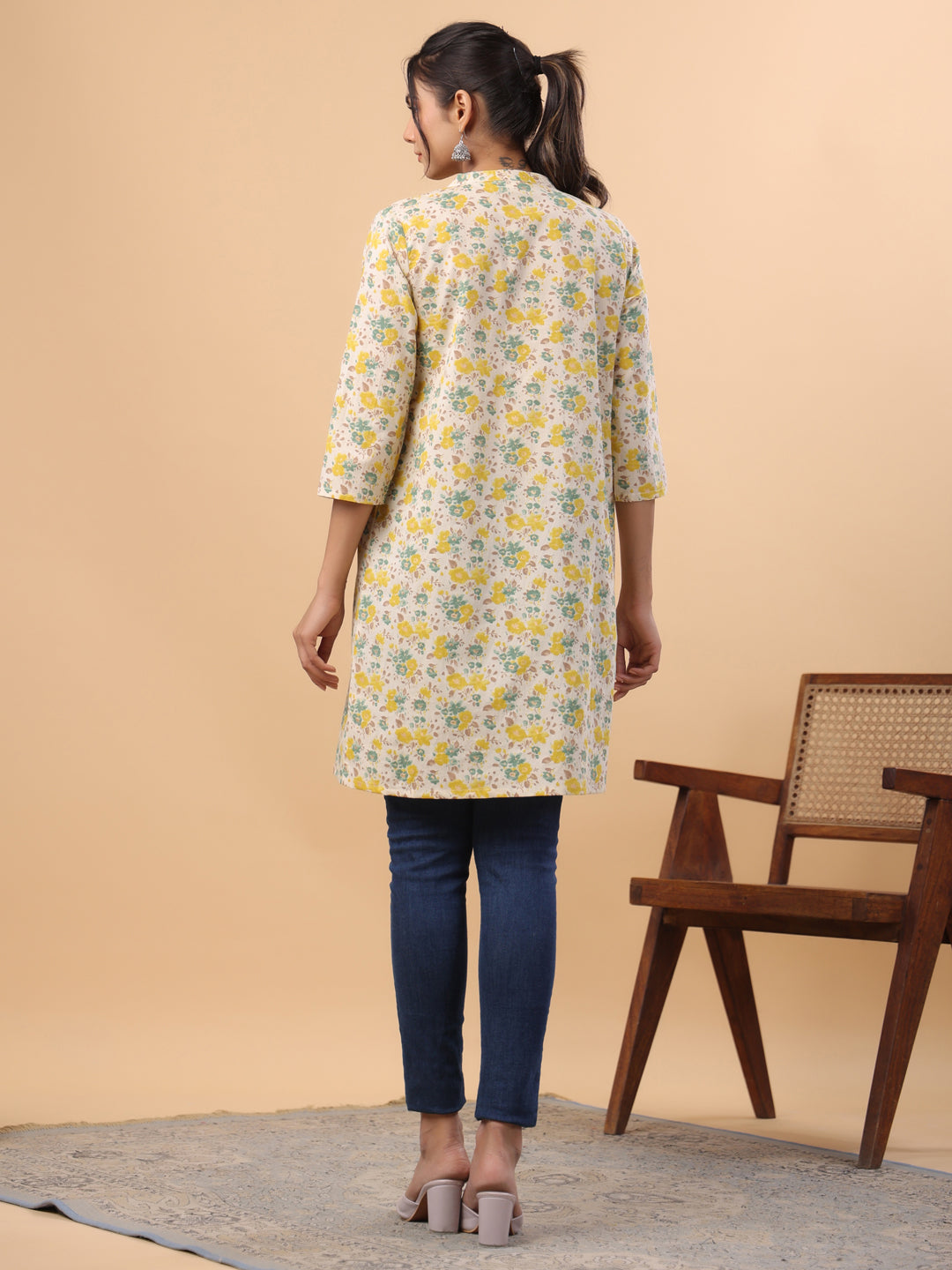 Janasya Beige Cambric Floral Tunic | Grocsy