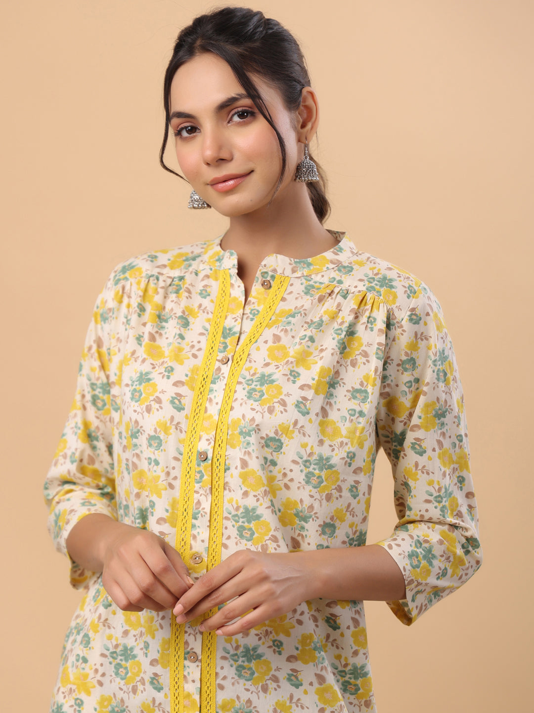 Janasya Beige Cambric Floral Tunic | Grocsy