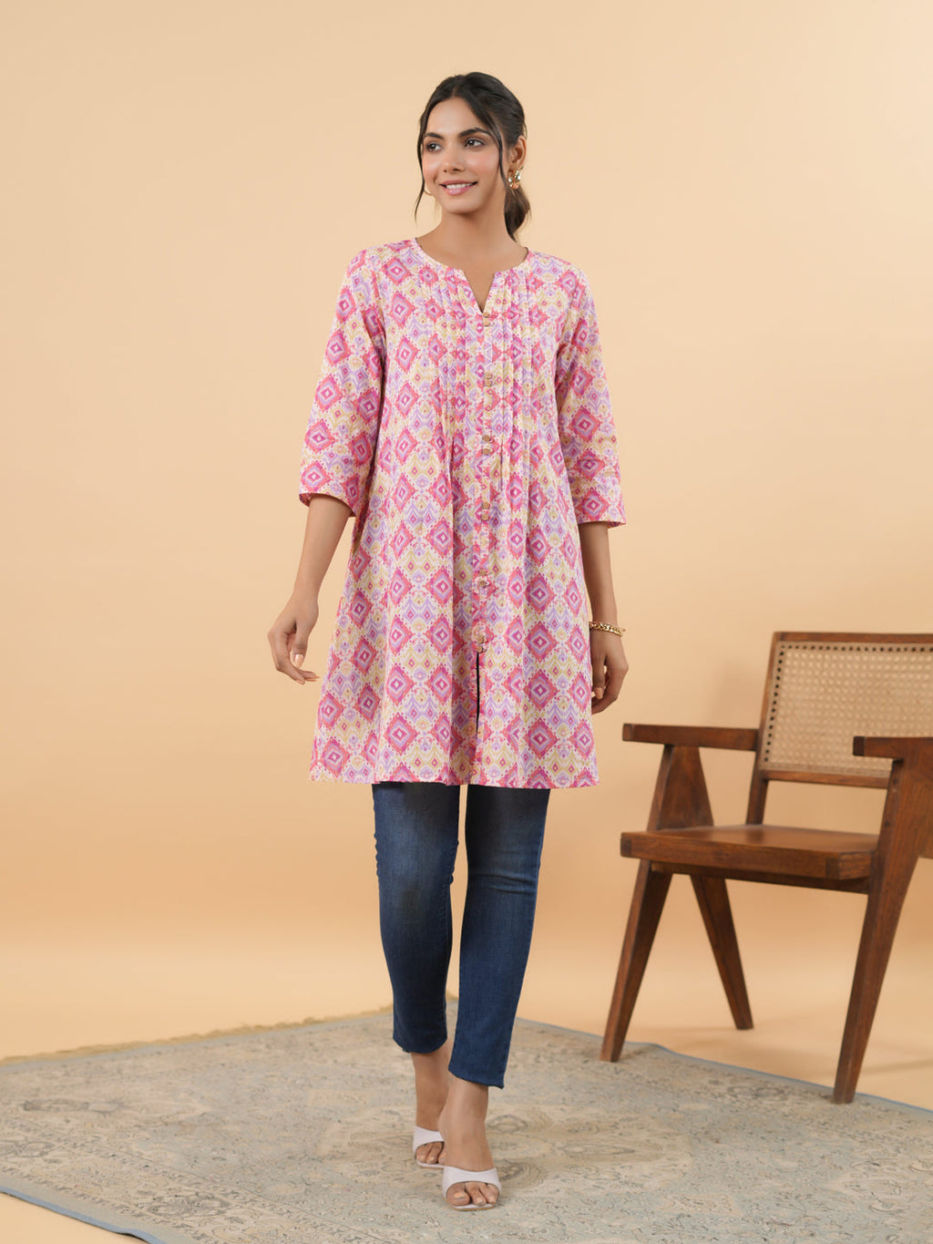 Janasya Pink Cambric Geometric Tunic | Grocsy