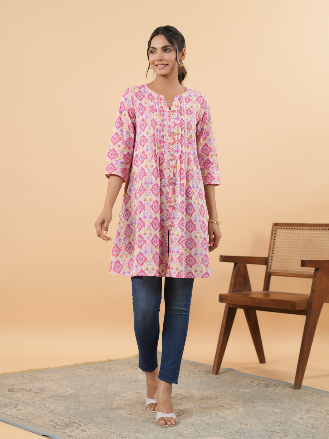 Janasya Pink Cambric Geometric Tunic | Grocsy