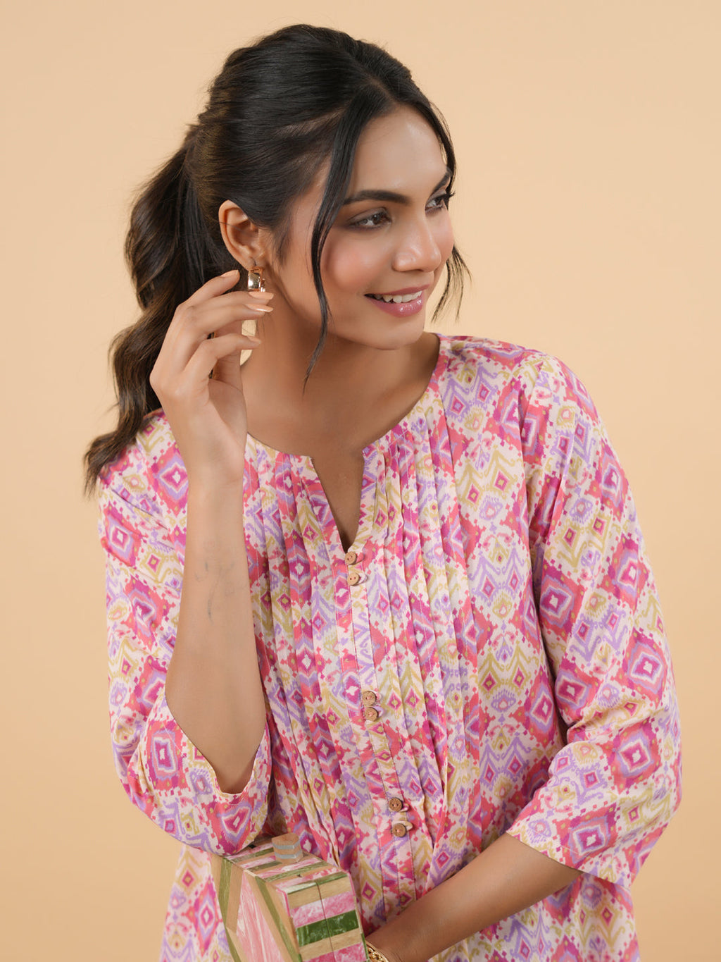 Janasya Pink Cambric Geometric Tunic | Grocsy
