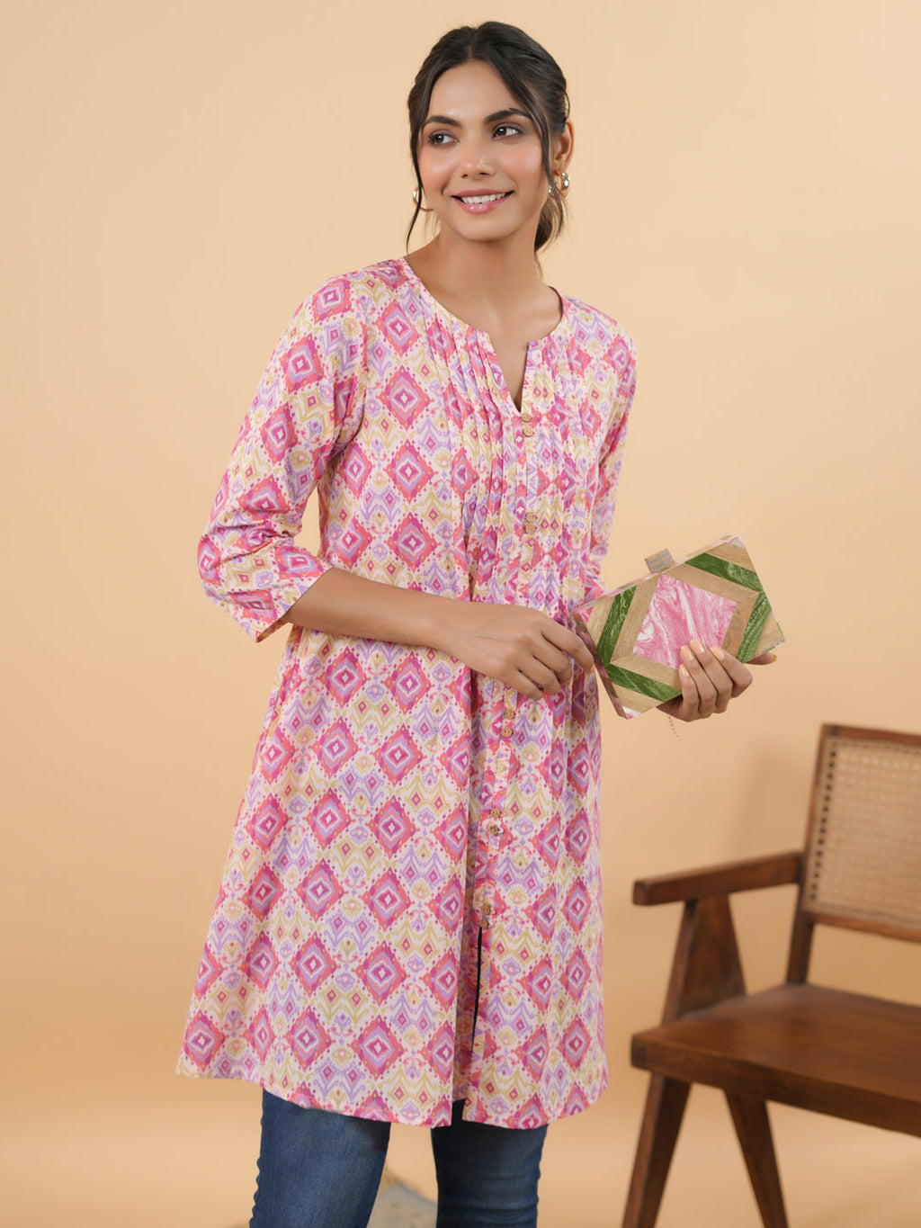 Janasya Pink Cambric Geometric Tunic | Grocsy